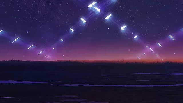Representative image: Artist’s impression of a large satellite constellation in low Earth orbit circling above the LOFAR telescope.