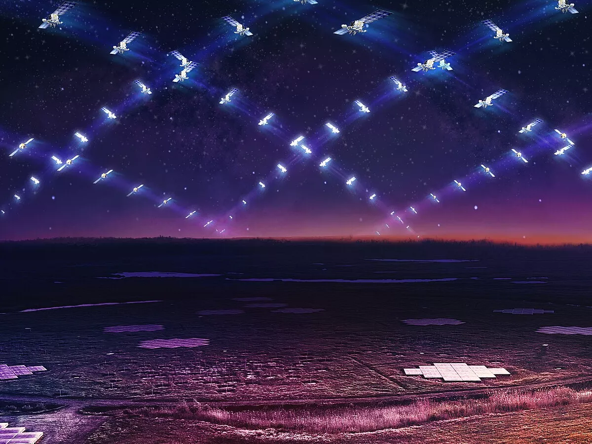 Representative image: Artist’s impression of a large satellite constellation in low Earth orbit circling above the LOFAR telescope.