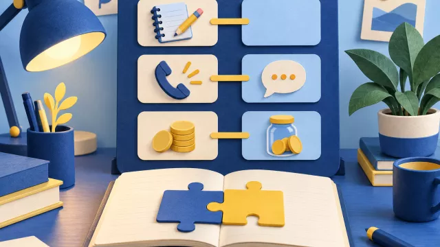 Blue-and-yellow paper-craft learning cards with everyday objects and interlocking puzzle pieces on an open notebook.
