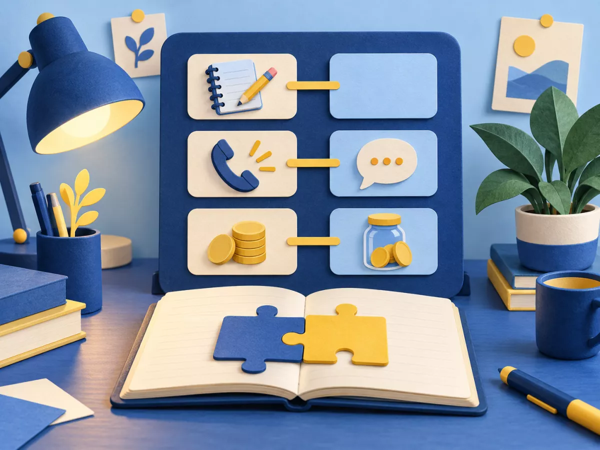 Blue-and-yellow paper-craft learning cards with everyday objects and interlocking puzzle pieces on an open notebook.