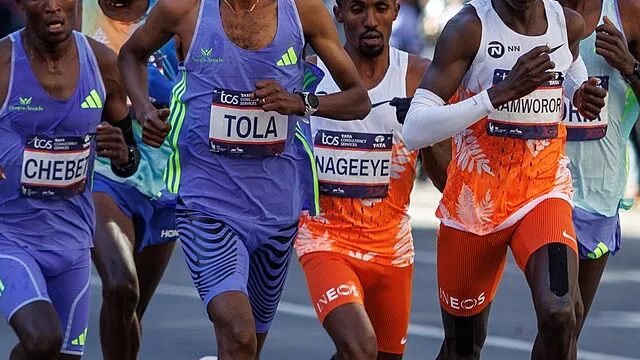 Representative image: The 2024 New York City Marathon Elite Men leaders, with winner Abdi Nageeye in the middle of the pack