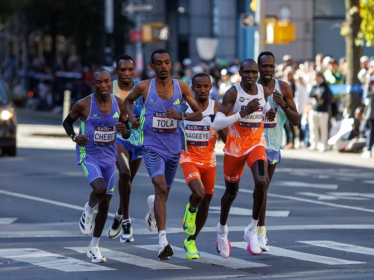 Representative image: The 2024 New York City Marathon Elite Men leaders, with winner Abdi Nageeye in the middle of the pack