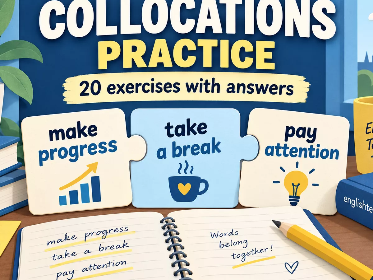 An English Test Kit collocations poster with interlocking cards for make progress, take a break, and pay attention.