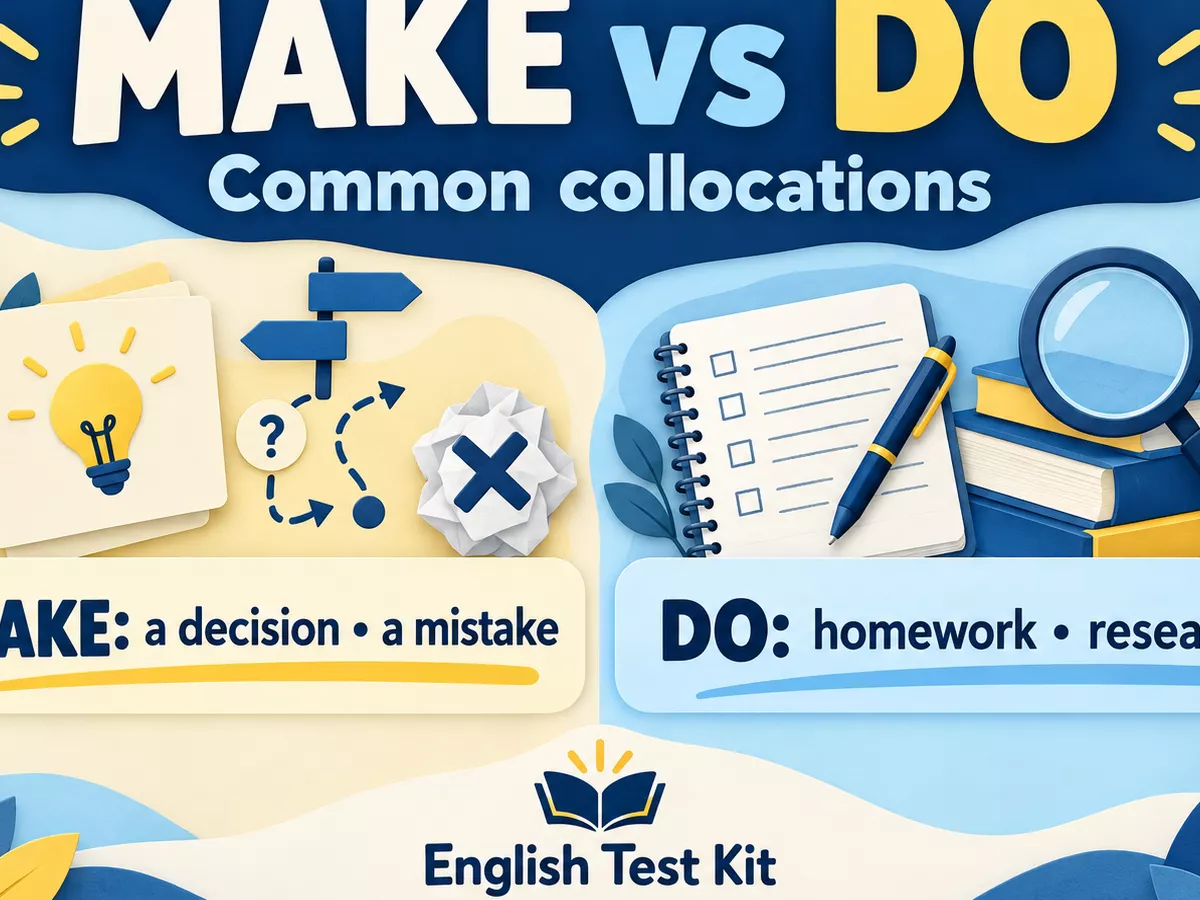 A navy, cream, and blue English Test Kit Make vs Do poster contrasting a decision and a mistake with homework and research.
