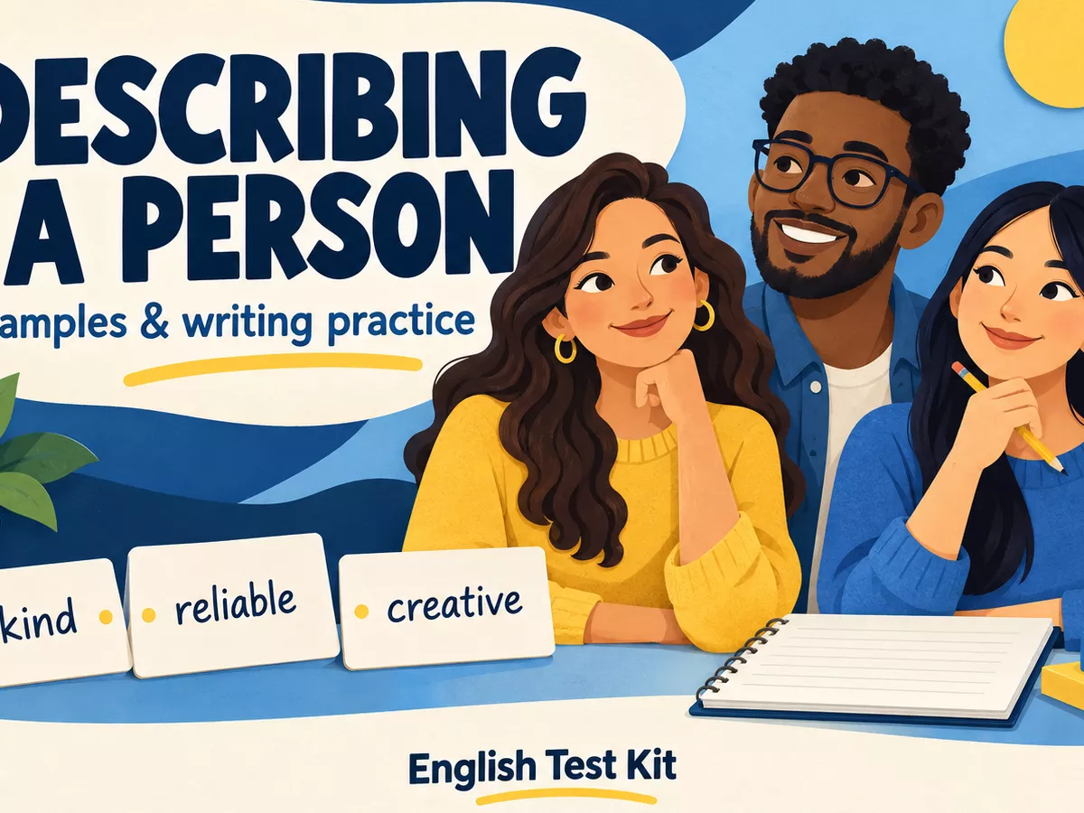An English Test Kit describing-a-person poster with diverse illustrated portraits, a writing notebook, and the words kind, reliable, and creative.