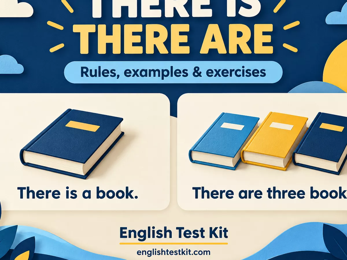 An English Test Kit there is and there are poster showing one book and exactly three books with matching example sentences.
