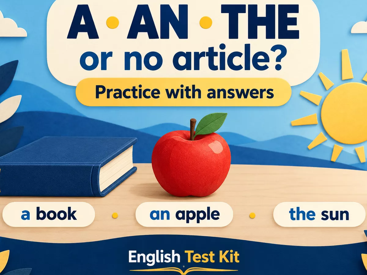 An English Test Kit articles-practice poster with a book, an apple, and the sun, captioned with the matching articles.