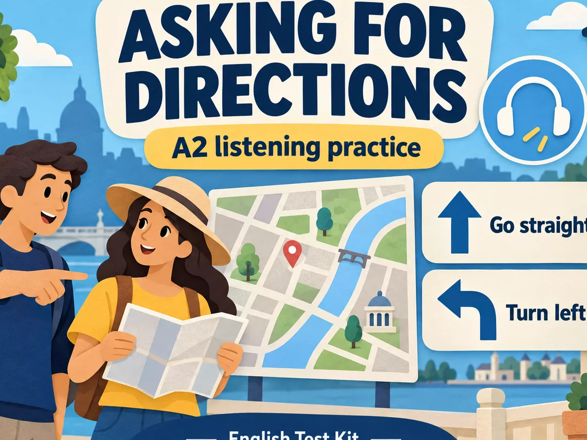 An English Test Kit A2 directions poster with two adults, a decorative street map, headphones, and go straight and turn left arrows.