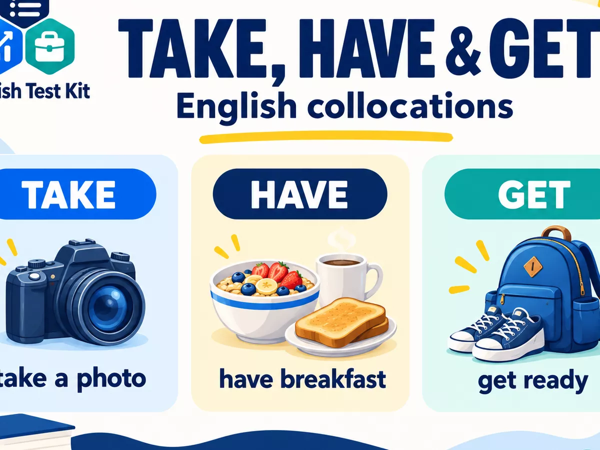 English Test Kit cover showing a camera for take a photo, breakfast for have breakfast, and a backpack for get ready.