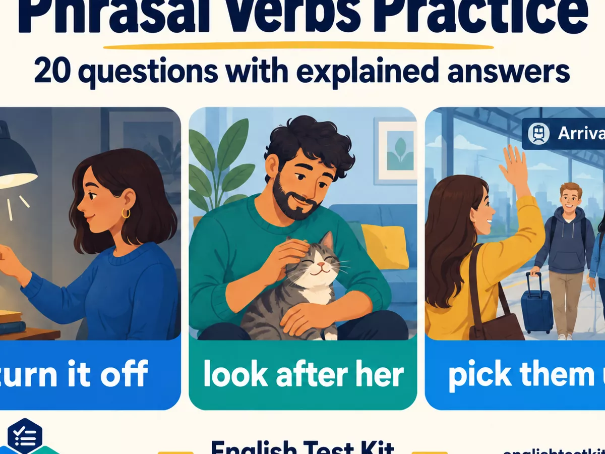 Three illustrated English phrasal-verb examples: turn it off, look after her, and pick them up.