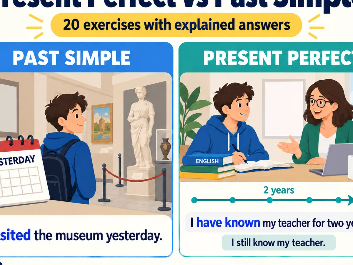 A present-perfect and past-simple comparison with a museum visit yesterday and knowing a teacher for two years.