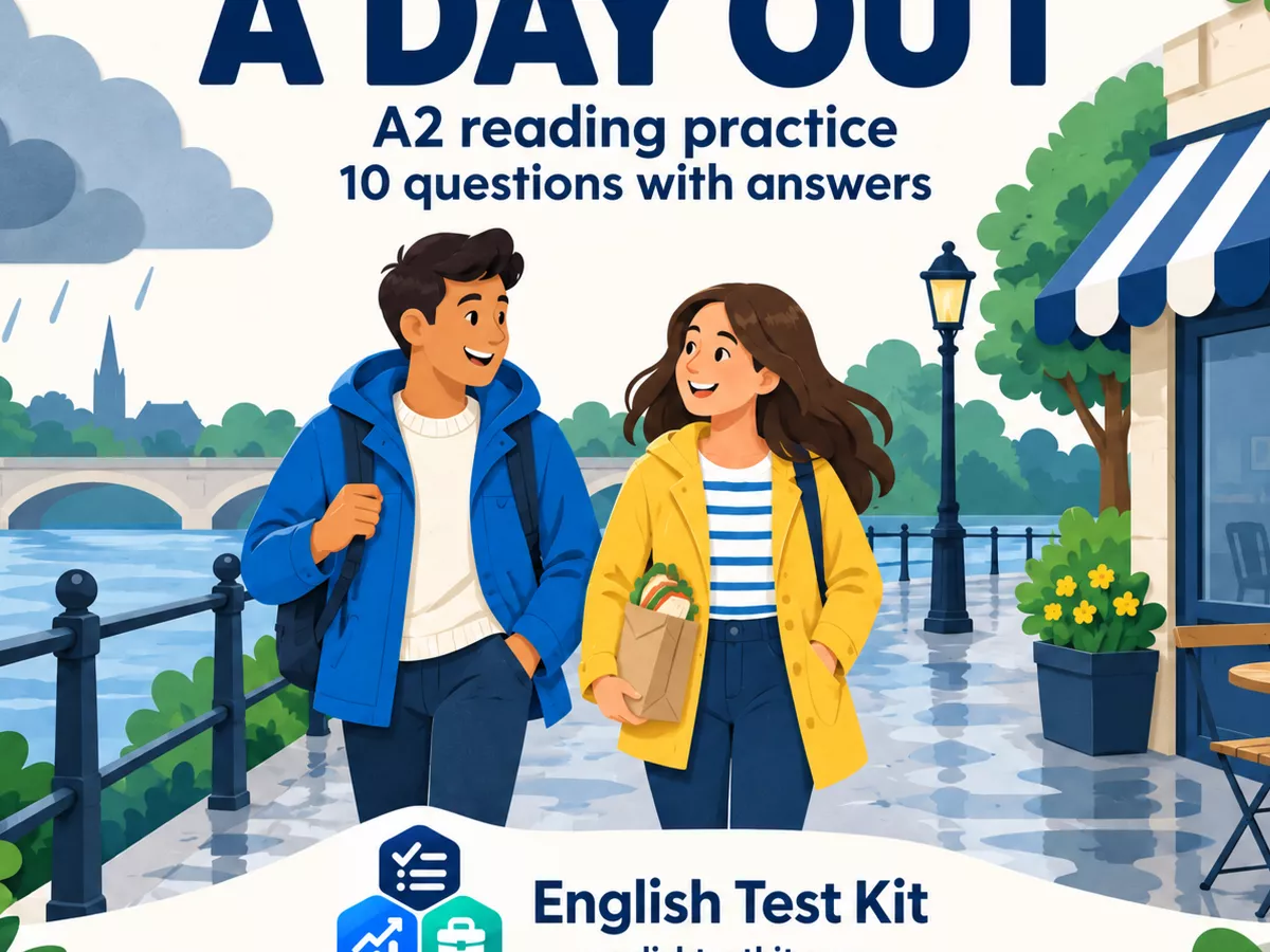 An English Test Kit A2 reading cover showing two adult cousins beside a river and café, with a day-out headline and ten-question lesson label.