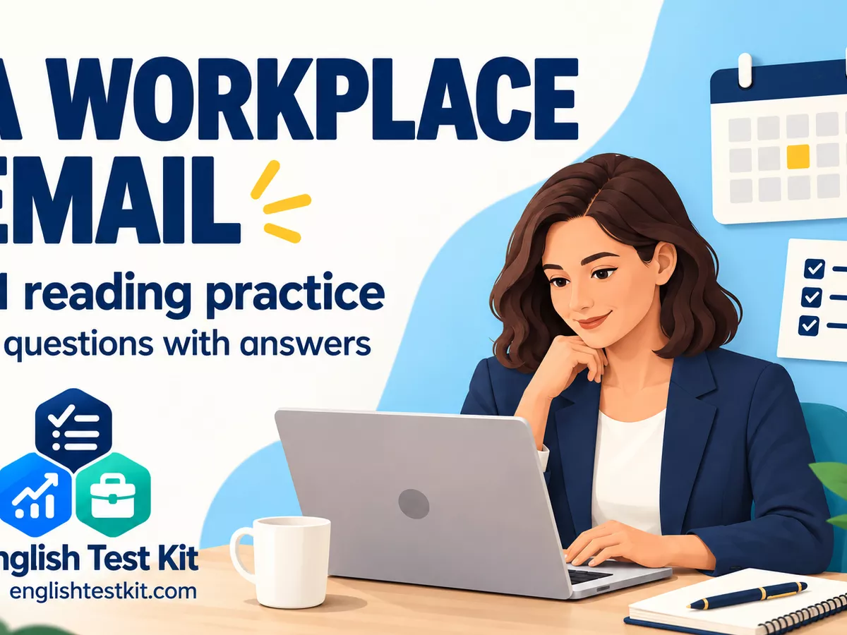 An English Test Kit B1 workplace-email reading cover with an adult using a laptop, a calendar and checklist, and a ten-question lesson label.