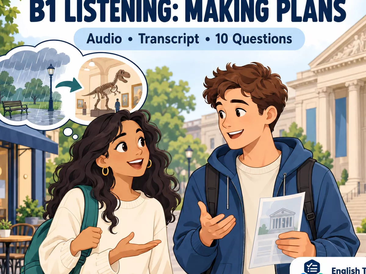 Maya and Ben discuss changing their park plan to a museum visit in this B1 listening practice lesson.