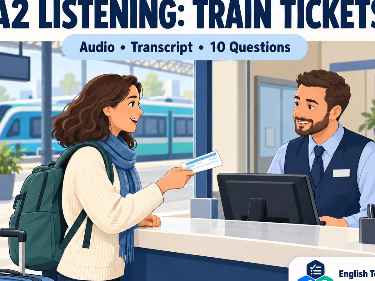 A traveller buys a ticket at a station desk in this A2 train-ticket listening practice lesson.