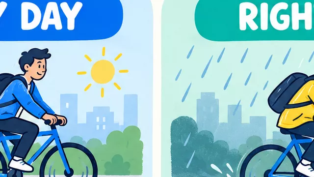 Illustrated comparison of a regular cycling habit and cycling home now, with 16 practice questions.