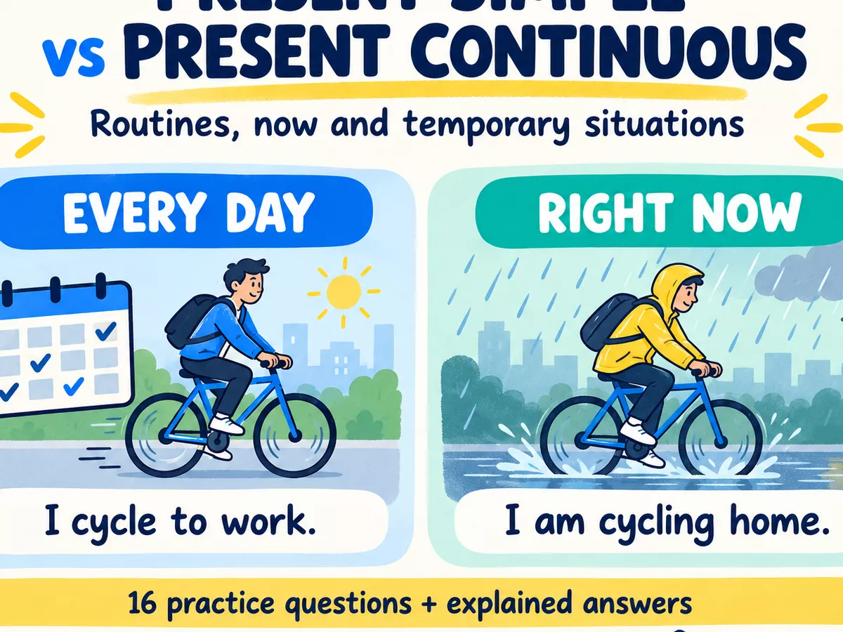 Illustrated comparison of a regular cycling habit and cycling home now, with 16 practice questions.