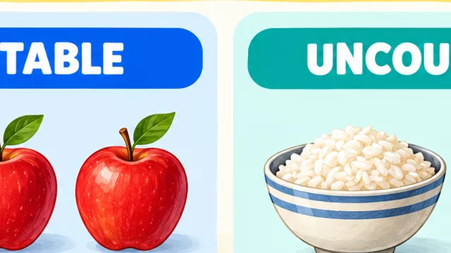 Illustrated countable apples contrasted with rice and water amounts, with 16 practice questions.