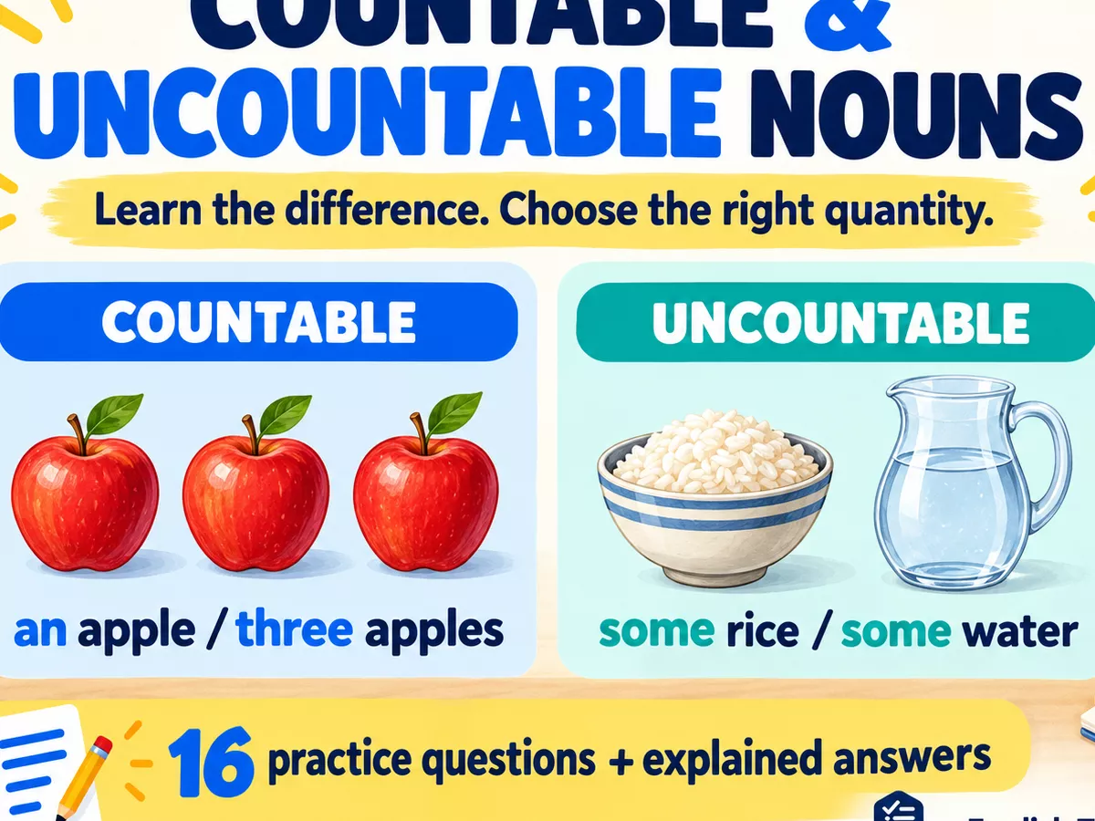 Illustrated countable apples contrasted with rice and water amounts, with 16 practice questions.