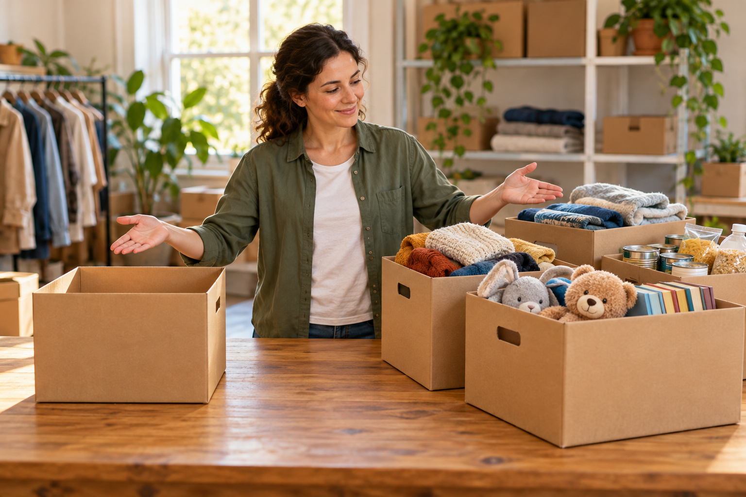 An adult volunteer compares one empty box with several filled donation boxes on a table.