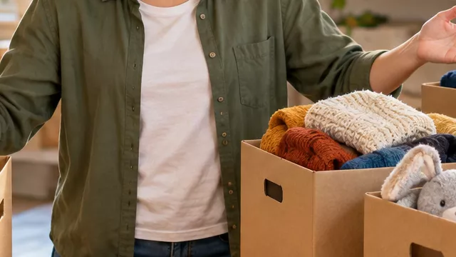 An adult volunteer compares one empty box with several filled donation boxes on a table.