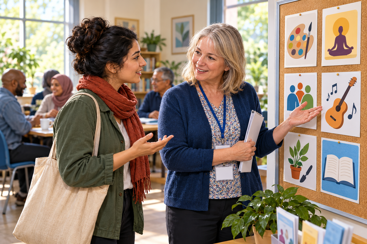 An adult learner talks with an organiser beside illustrated community activity cards.