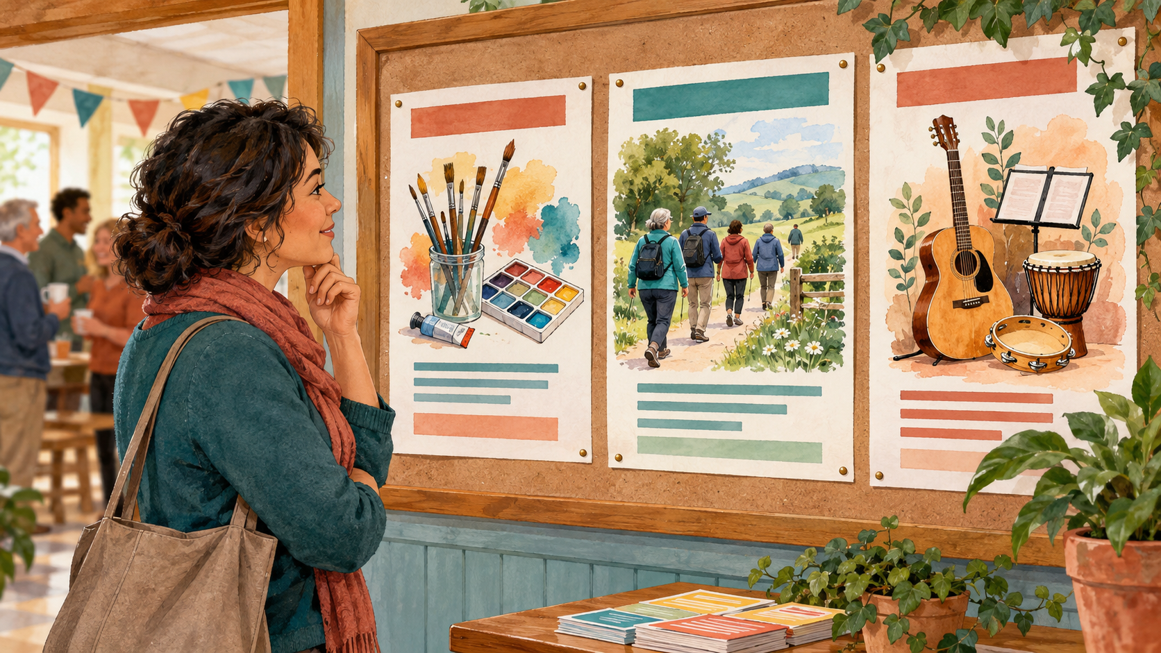An adult studies three community posters showing art, walking and music activities.