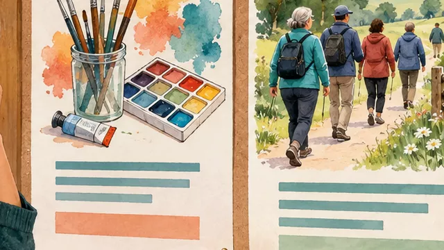 An adult studies three community posters showing art, walking and music activities.