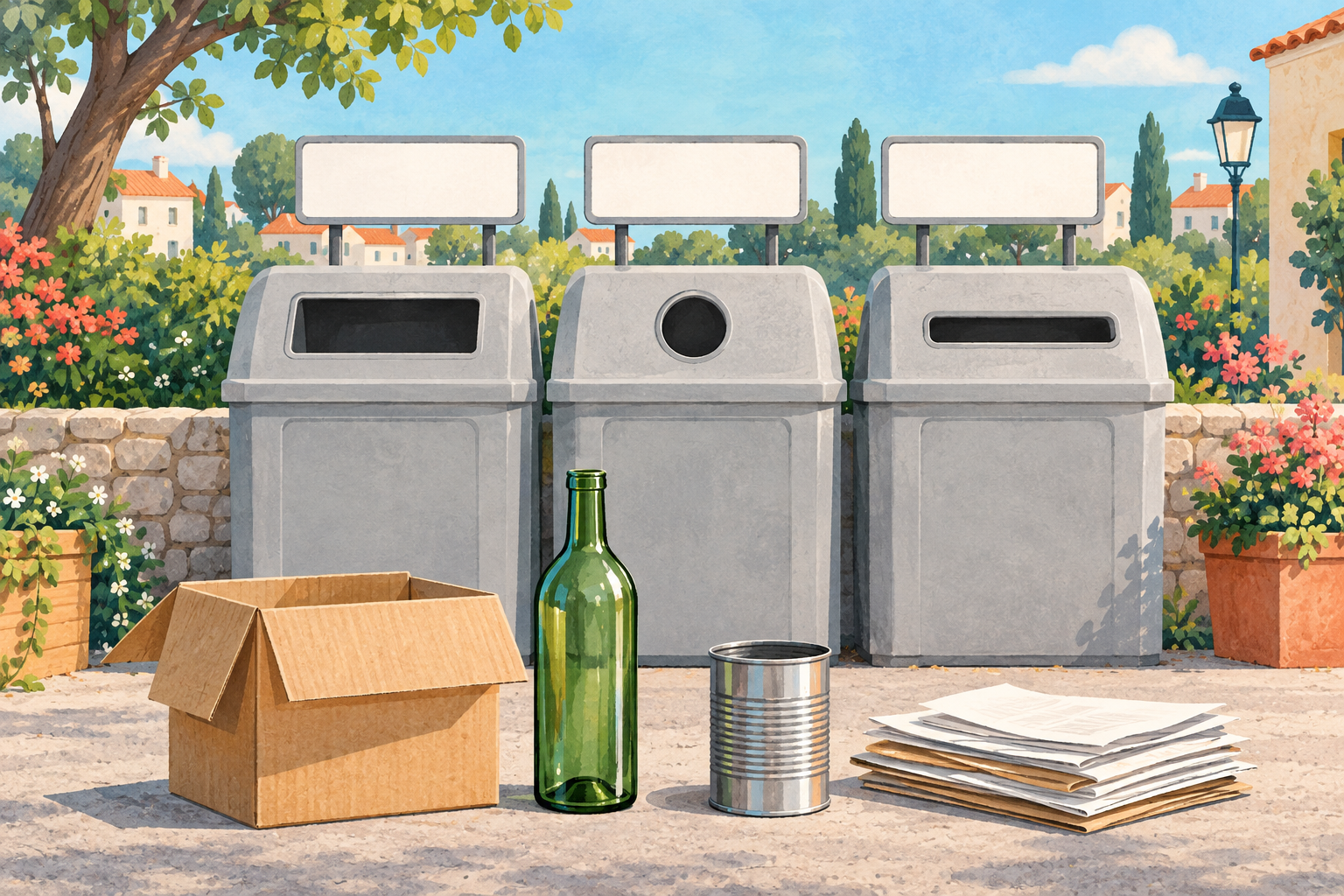 An original illustrated fictional community collection point with neutral bins and everyday packaging; no acceptance rules are implied.