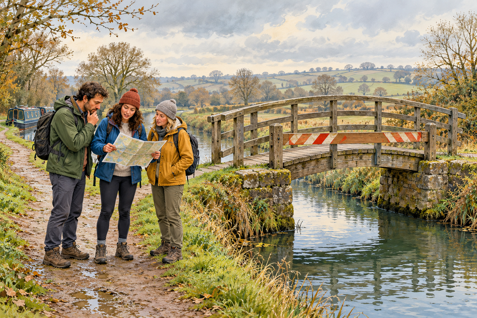 Walkers compare their map with a closed footbridge.