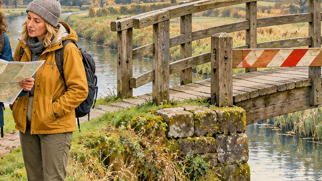 Walkers compare their map with a closed footbridge.