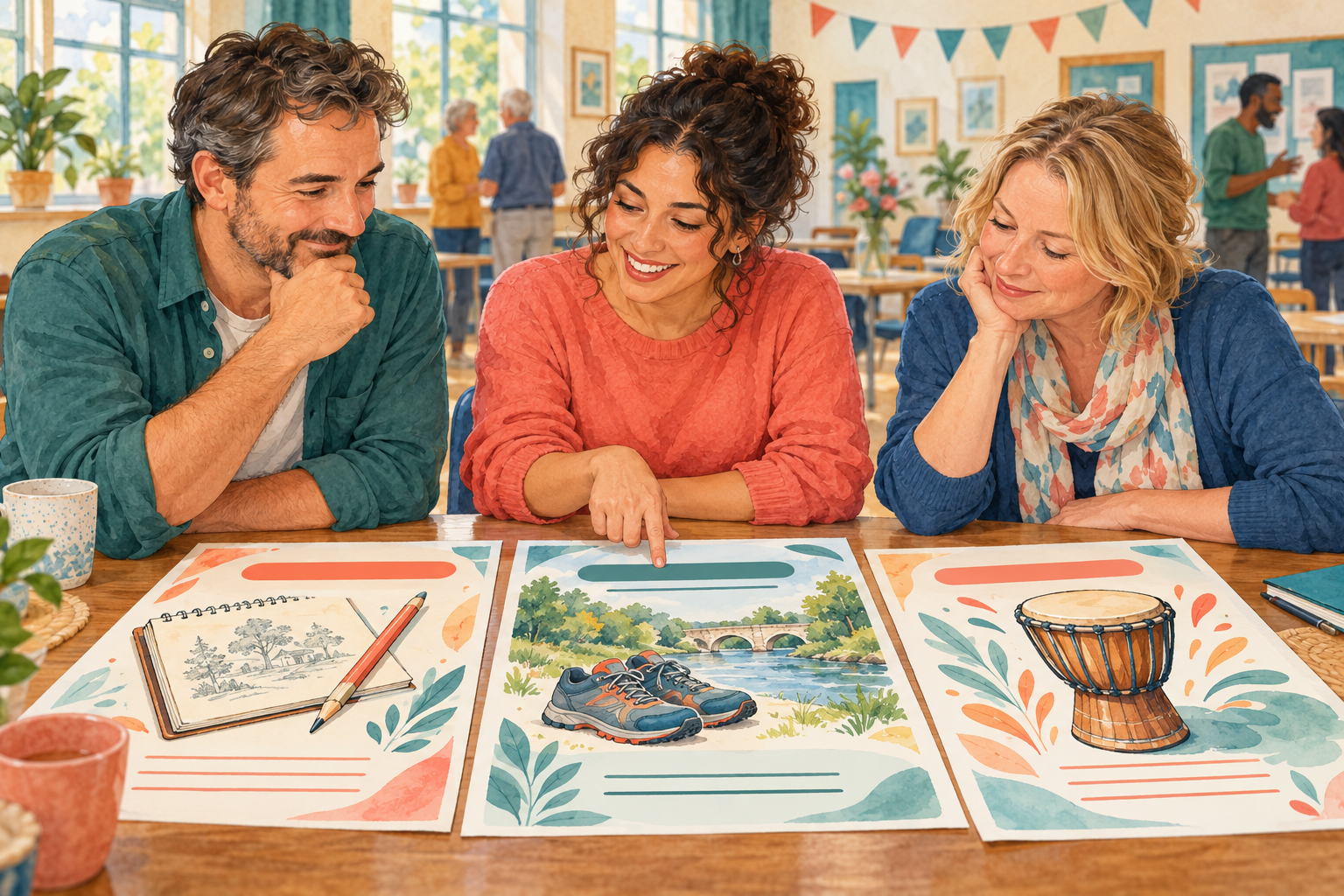 Three adults compare illustrated community activity posters on a table in a bright hall.