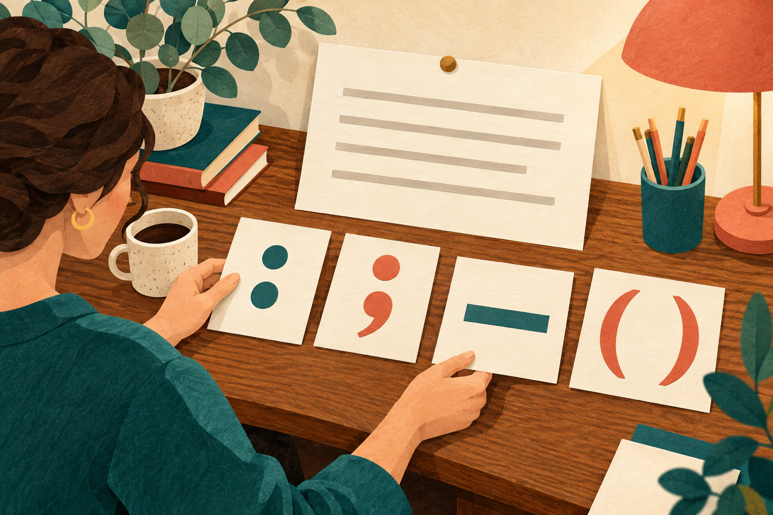 An editor arranges punctuation symbols beside a notice.