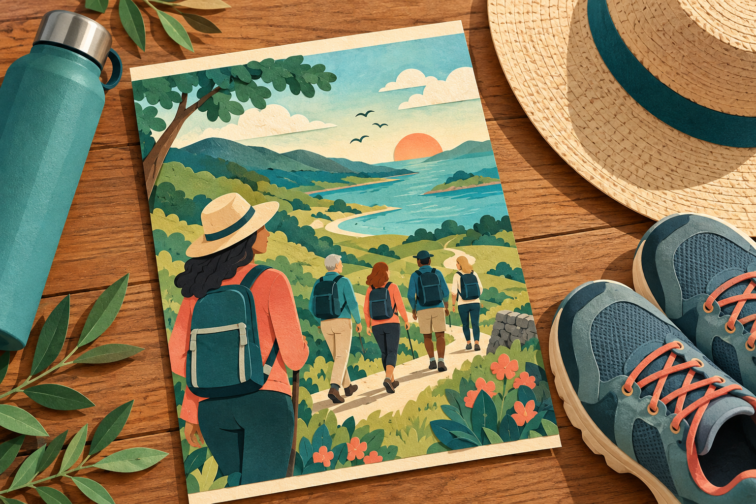A walking-club leaflet lies beside a bottle, hat and shoes.