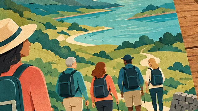 A walking-club leaflet lies beside a bottle, hat and shoes.