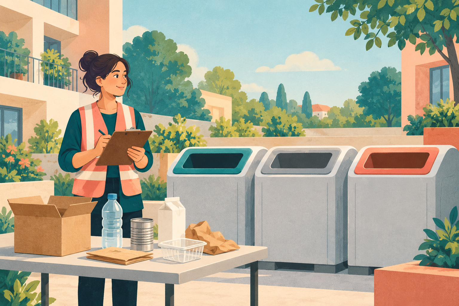 An original illustrated fictional community collection point with neutral bins and everyday packaging; no acceptance rules are implied.