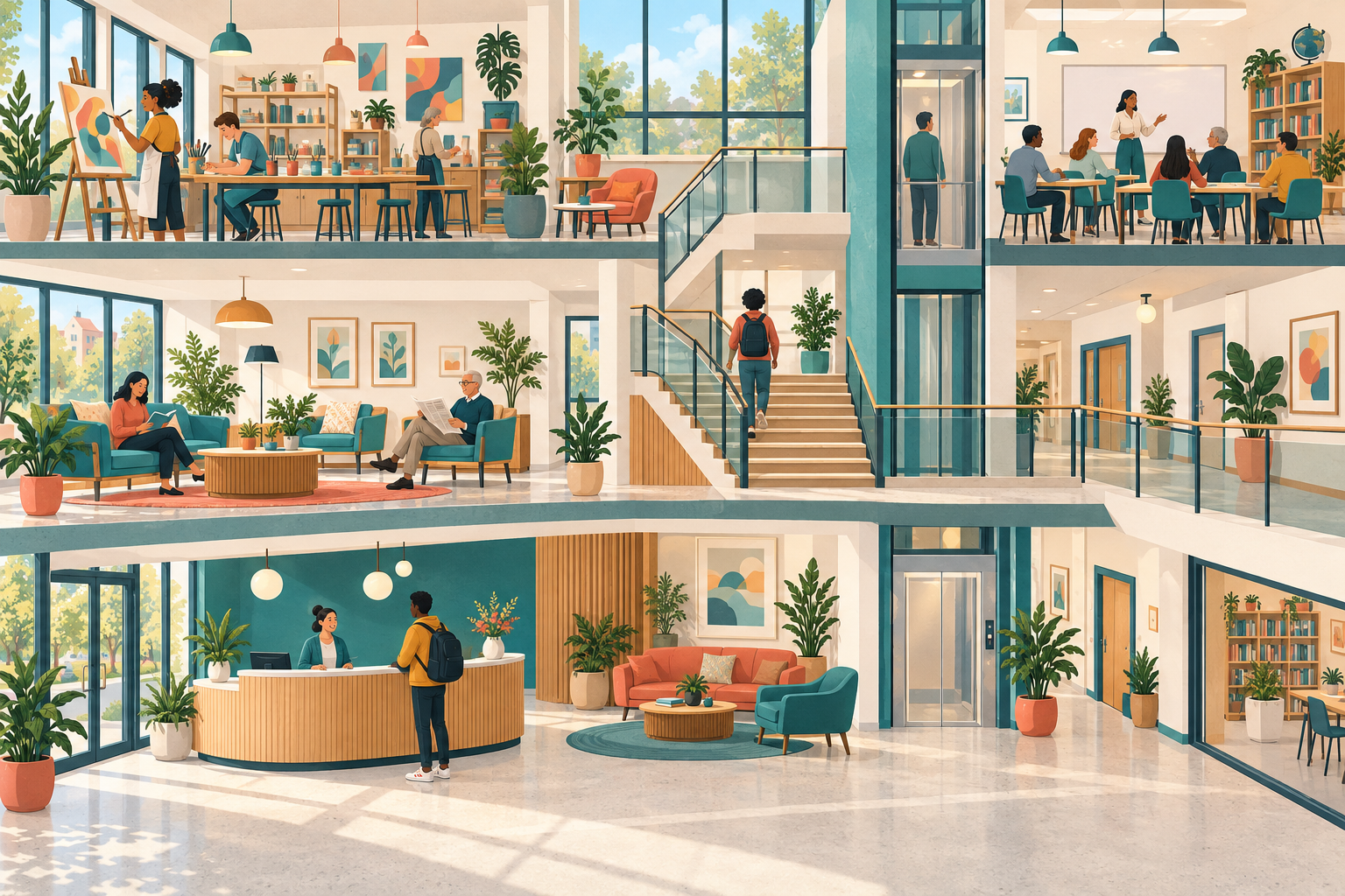 Original illustration of an adult community learning centre with room and service spaces; the directory task appears separately in selectable text.