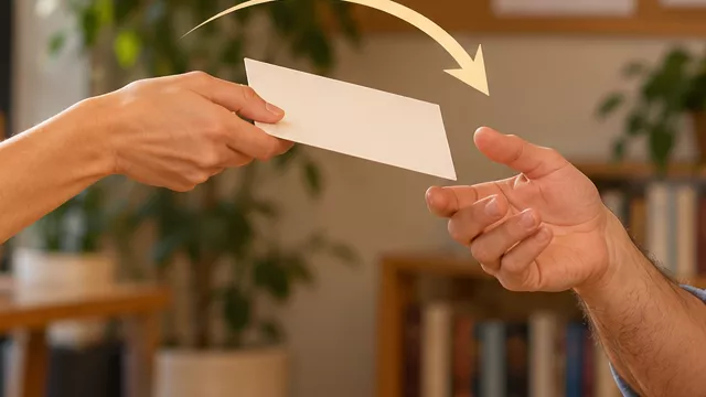 A woman hands an invitation card to a man; an arrow points from the giver to the receiver.