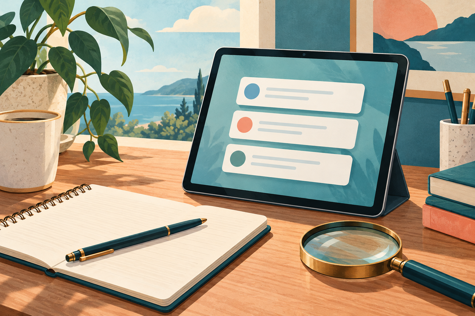 Original illustration of a fictional app reading workspace; no real account or functional controls are shown.
