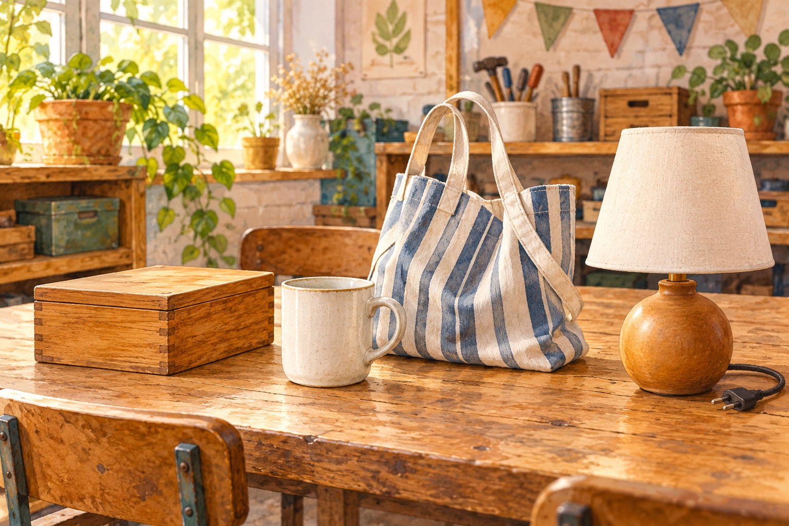 A wooden box, ceramic mug, striped fabric bag and intact table lamp sit on a repair-café table.