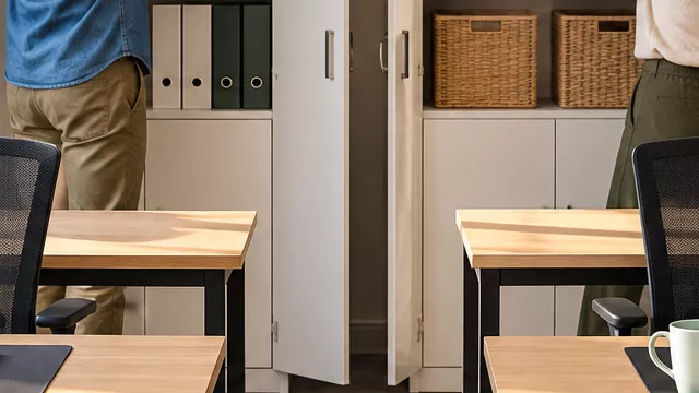 Four adult coworkers prepare separate desks and shared cupboards in a workspace.