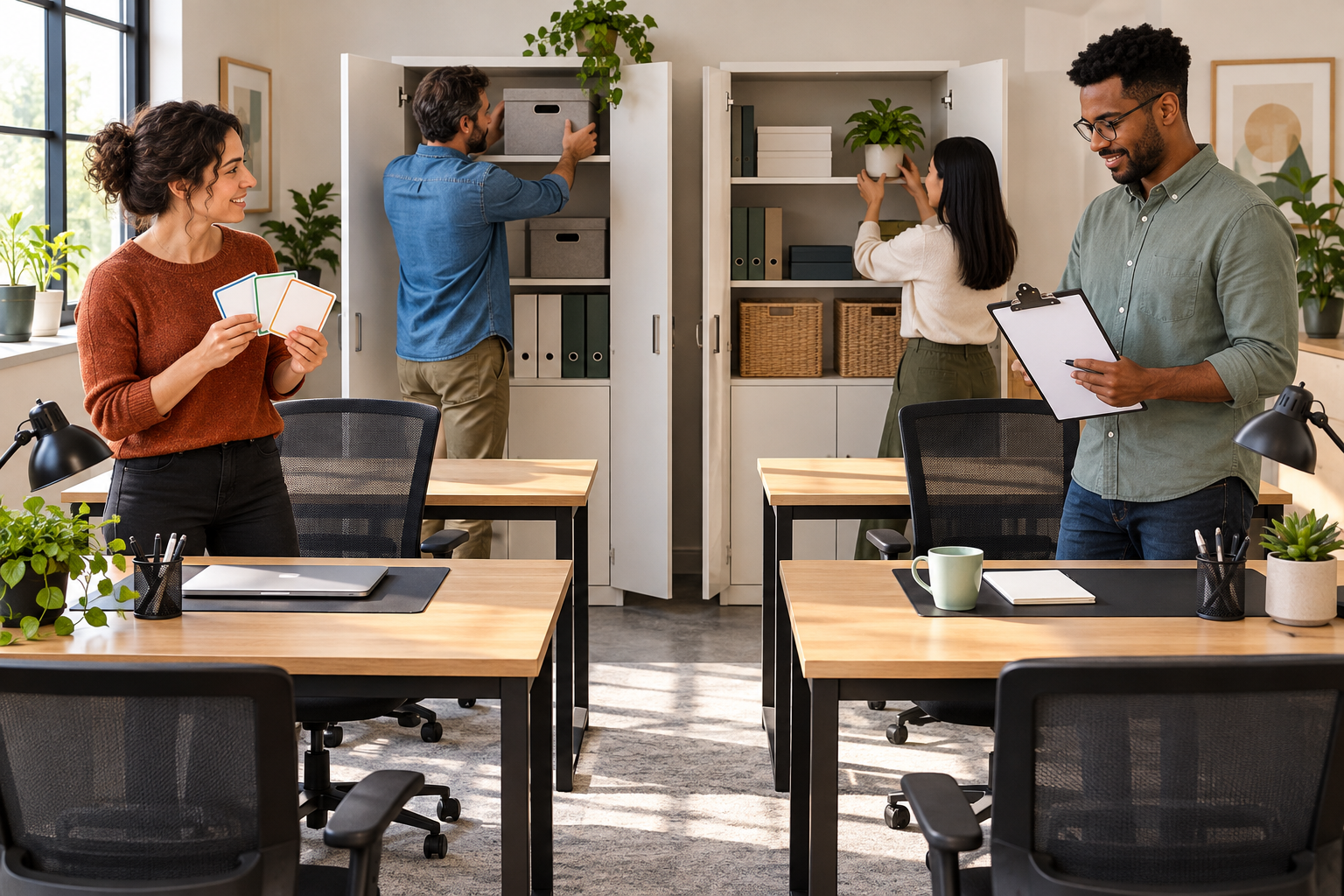 Four adult coworkers prepare separate desks and shared cupboards in a workspace.
