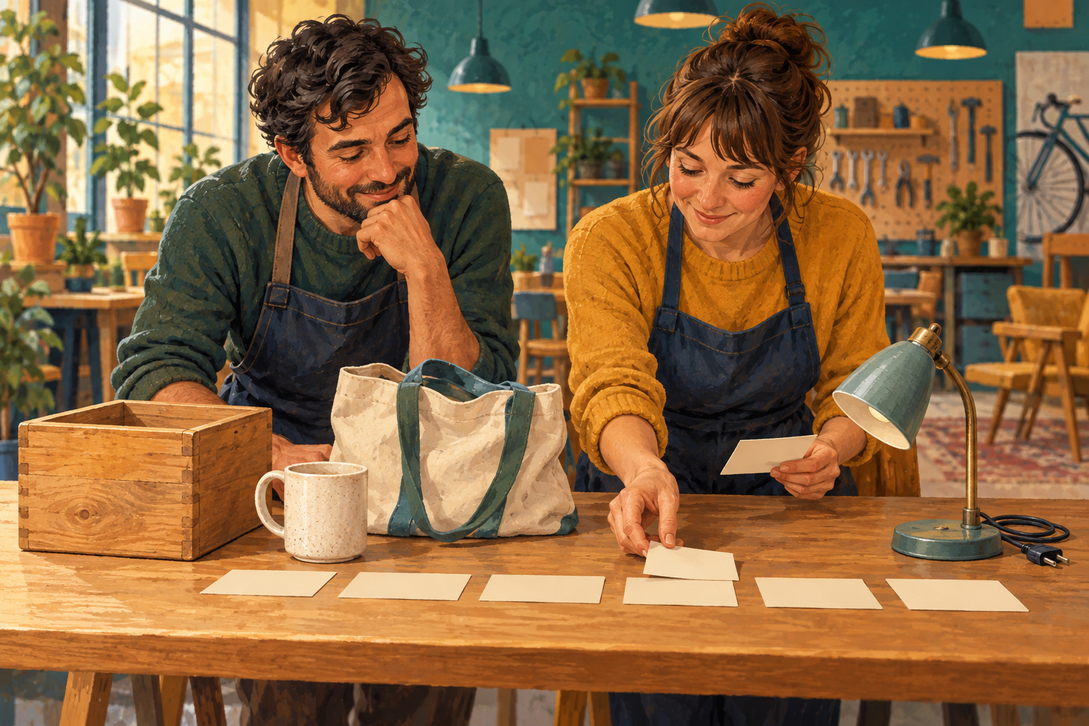 Two adult volunteers sort description cards beside everyday objects at a repair-café table.