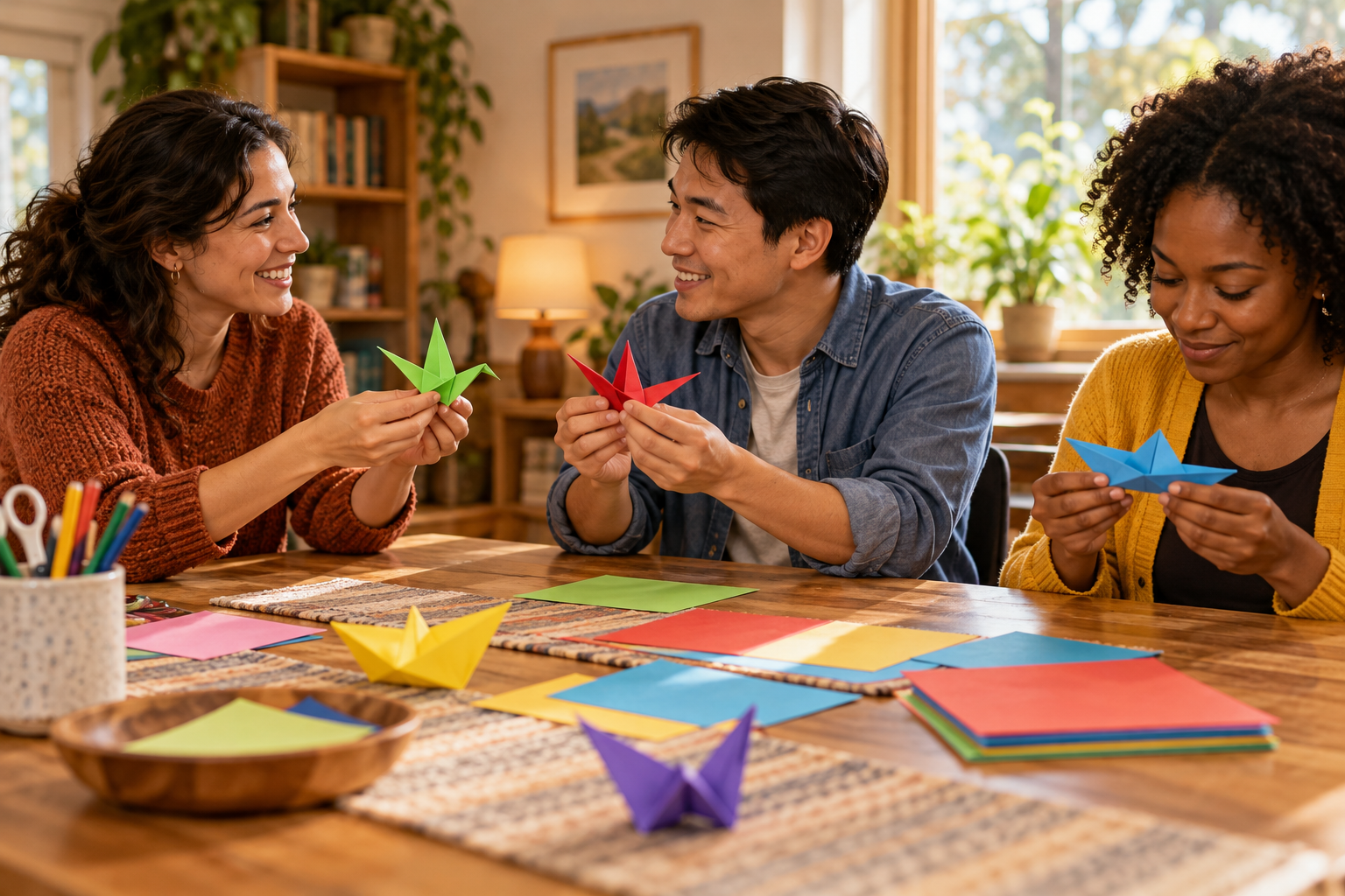 Two adults compare folded paper birds while a third person examines a separate paper model.