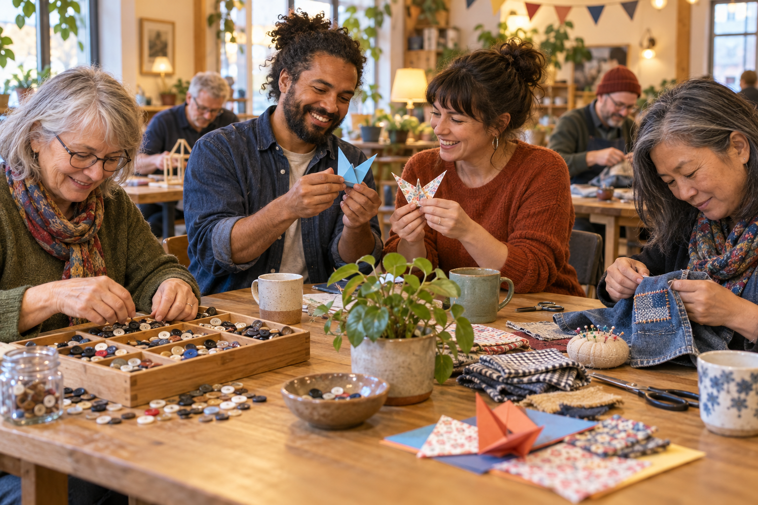 Adults compare paper models, sort buttons and work on fabric at a community craft table.