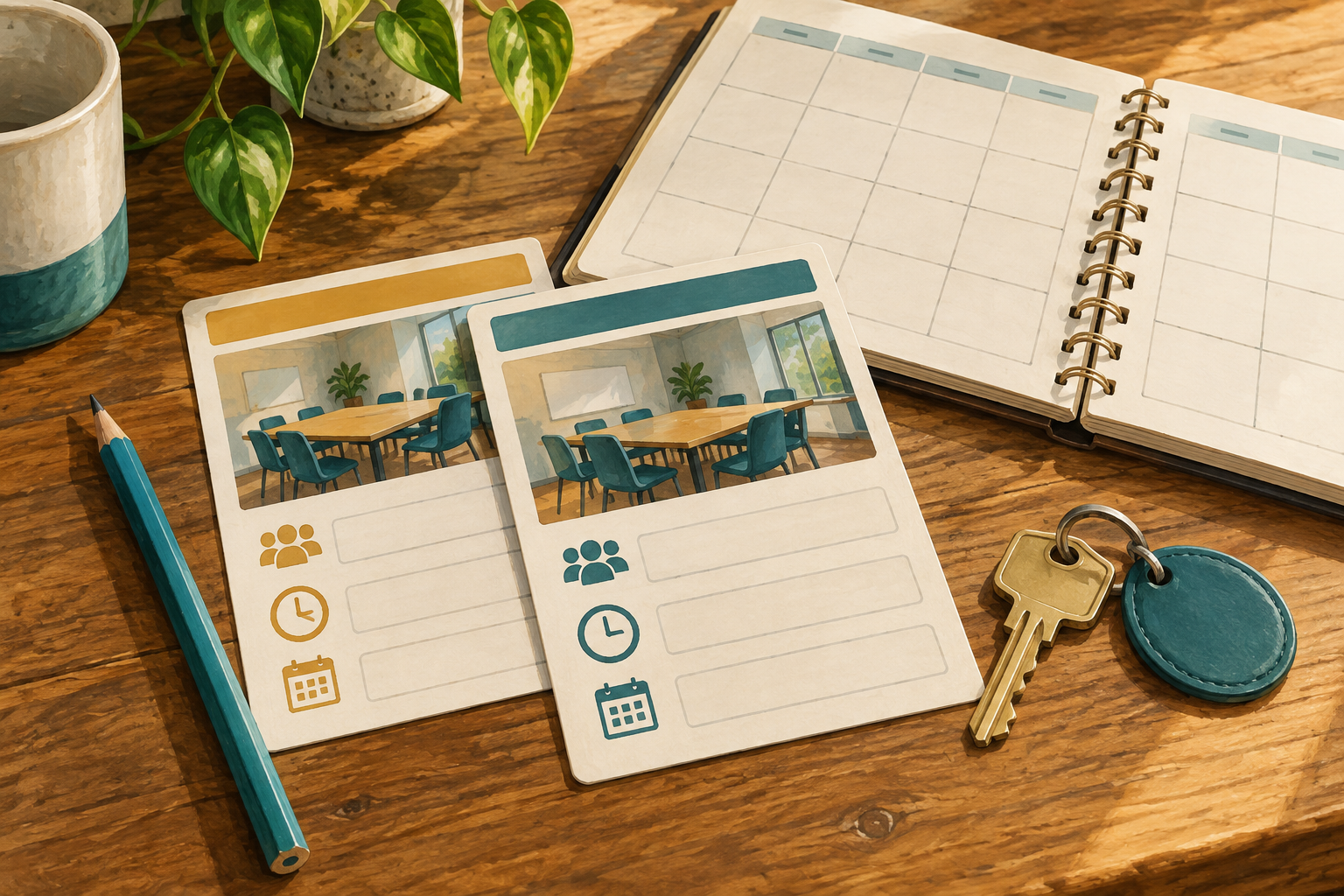 Booking cards and a key suggest a room reservation that needs clarifying.