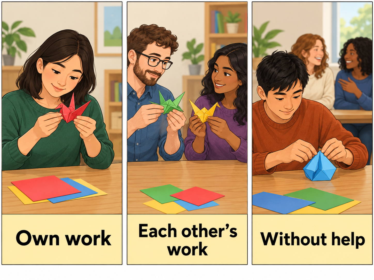 Three panels contrast checking your own model, checking each other’s models and working without help while others are nearby.