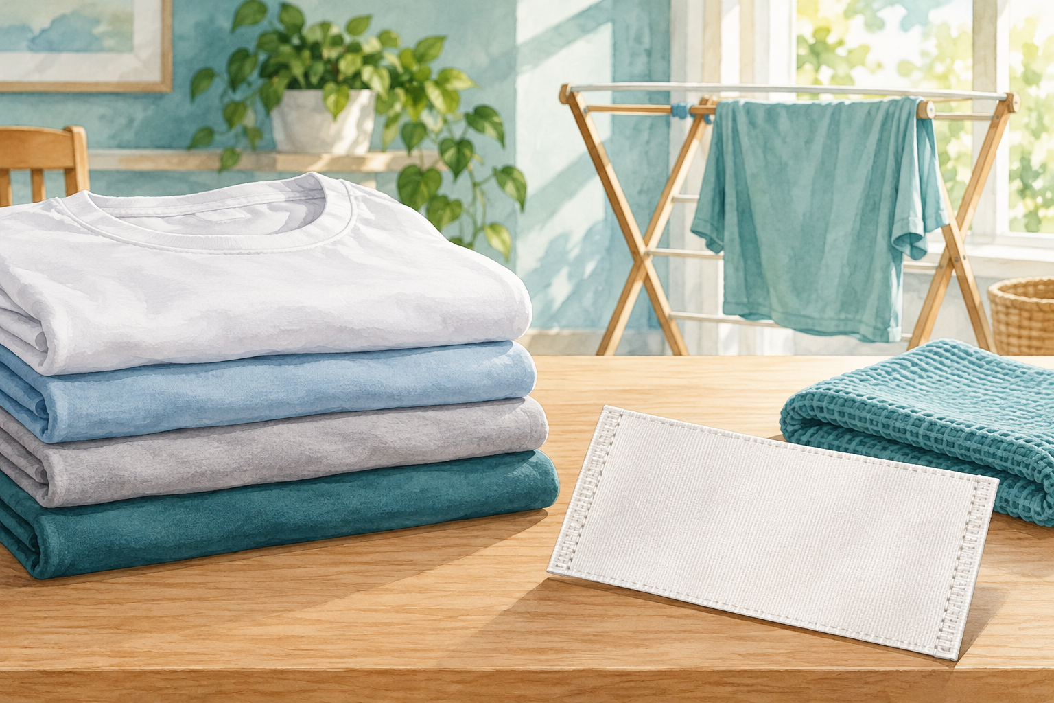 Folded shirts, a drying rack, a cloth and a blank fabric label form an uncluttered clothing-care workspace.