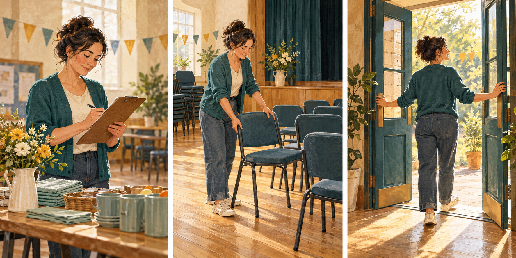 One volunteer checks a list, arranges chairs and opens a hall.