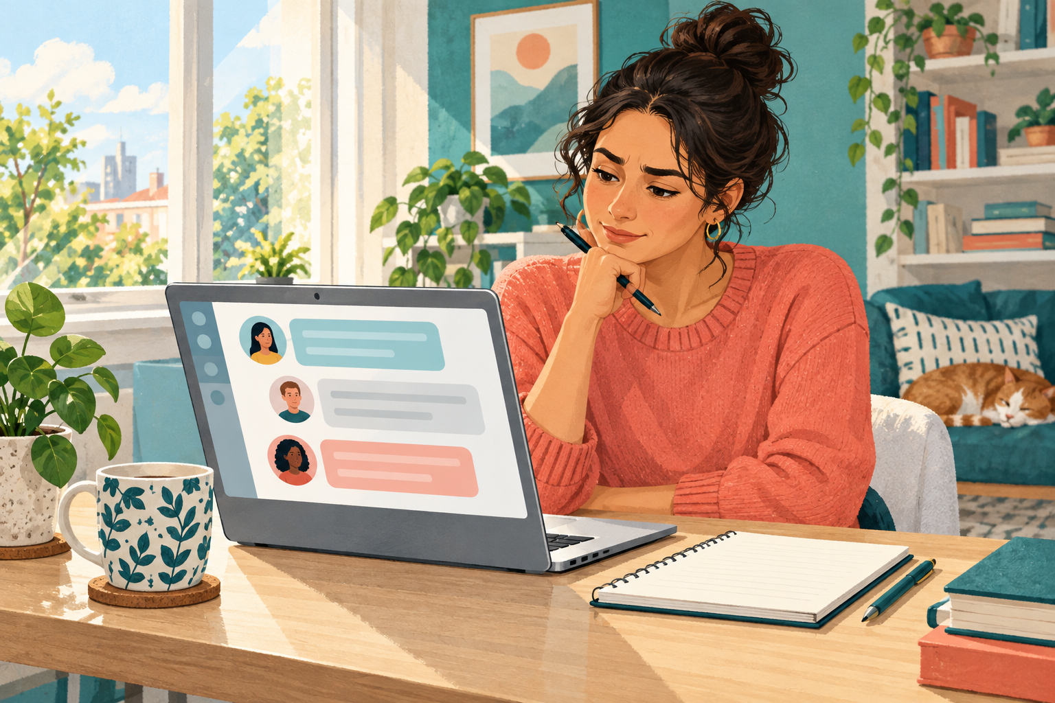 An adult reading simulated app messages at a calm desk; no real account or functional controls are shown.